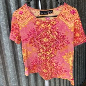 Y2K Pink & Yellow Beaded Eclectic Print Baby Tee Size Large